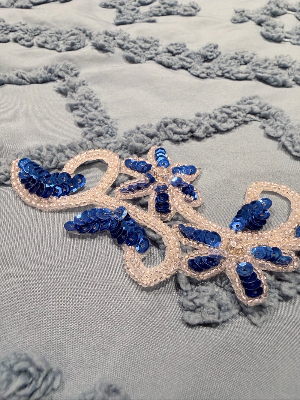 Blue & White Sequin Floral Beaded Lace Appliqué Trim | 6” Embellishment